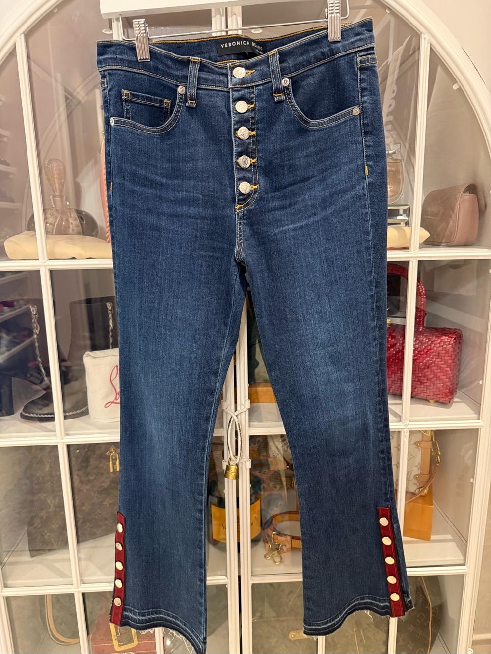 Veronica Beard Dark Blue Denim Cropped Jeans with Red Snap Tabs